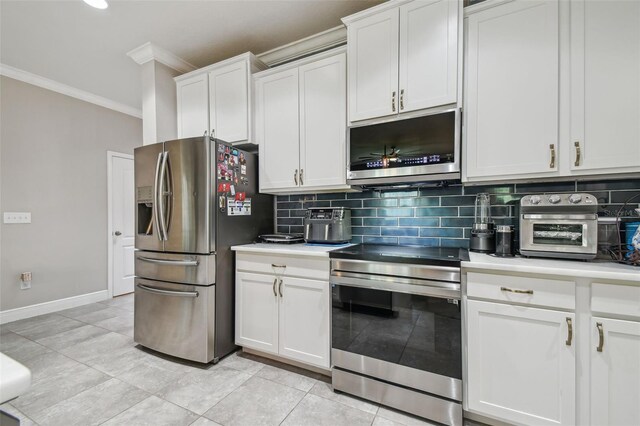 10512 Scenic Hollow Dr, Riverview, FL 33578 - kitchen featuring appliances with stainless steel finishes, ornamental molding, backsplash, white cabinetry, and light countertops
