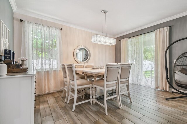 10512 Scenic Hollow Dr, Riverview, FL 33578 - dining space featuring wood finished floors, crown molding, healthy amount of natural light, and a chandelier