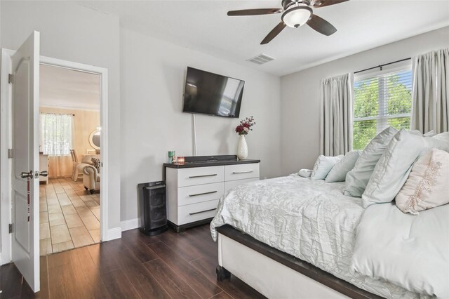 10512 Scenic Hollow Dr, Riverview, FL 33578 - bedroom with dark wood-type flooring, multiple windows, ceiling fan, and baseboards