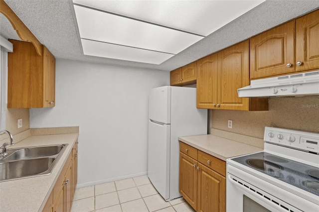 4500 E Bay Dr Unit 106, Clearwater, FL 33764 - kitchen with white appliances, under cabinet range hood, a sink, light countertops, and brown cabinetry
