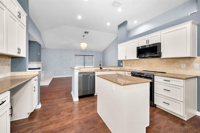 2459 Parkstream Ave, Clearwater, FL 33759 - kitchen with stainless steel dishwasher, electric range oven, vaulted ceiling, light stone countertops, and a peninsula