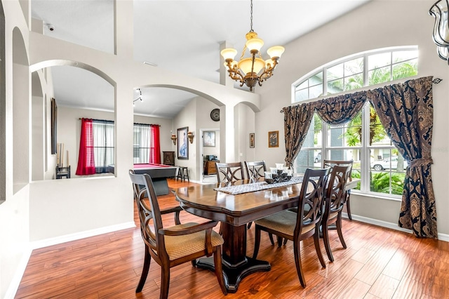 8814 N River Rd, Tampa, FL 33635 - dining room with arched walkways, a chandelier, light wood-style floors, and baseboards