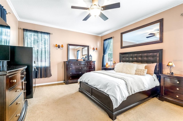 8814 N River Rd, Tampa, FL 33635 - bedroom featuring light colored carpet, crown molding, ceiling fan, and baseboards