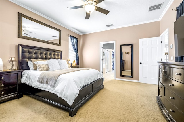 8814 N River Rd, Tampa, FL 33635 - bedroom with crown molding, light colored carpet, baseboards, ceiling fan, and ensuite bathroom