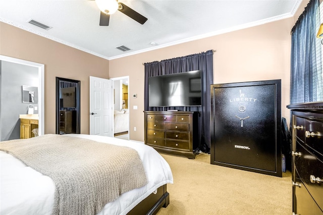 8814 N River Rd, Tampa, FL 33635 - bedroom with ornamental molding, light colored carpet, a ceiling fan, and connected bathroom