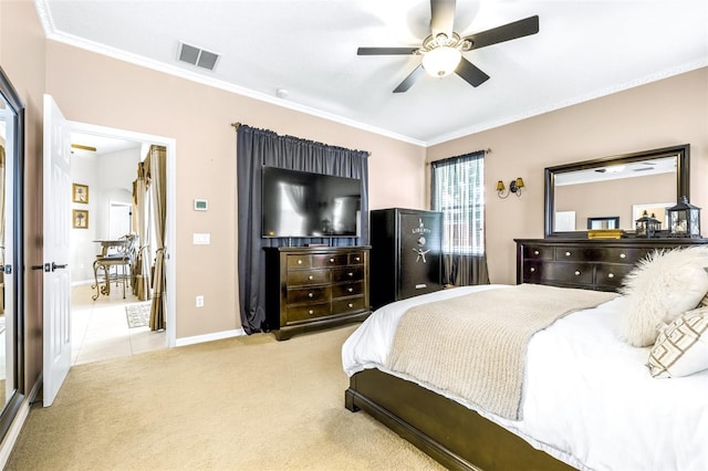 8814 N River Rd, Tampa, FL 33635 - tiled bedroom featuring ornamental molding, baseboards, carpet flooring, and ceiling fan