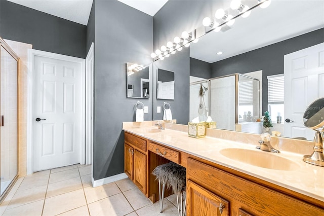 8814 N River Rd, Tampa, FL 33635 - full bathroom featuring a stall shower, double vanity, and tile patterned floors
