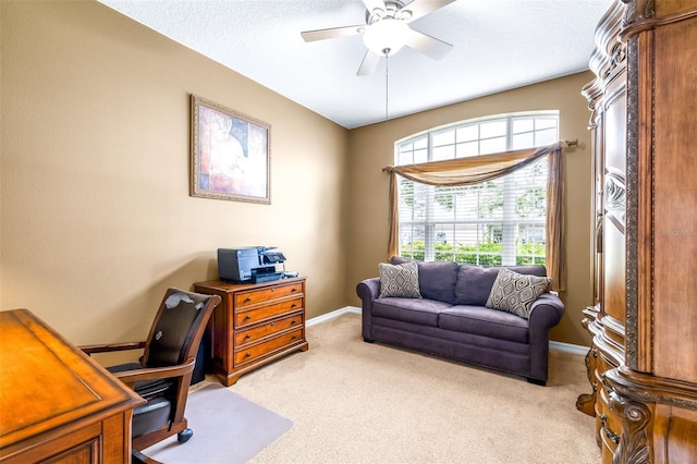 8814 N River Rd, Tampa, FL 33635 - home office with light carpet, a ceiling fan, and baseboards