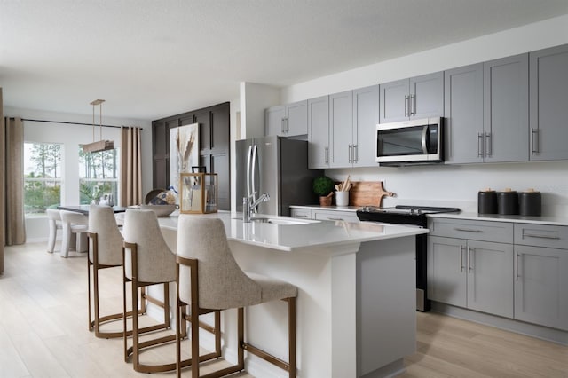 12782 Canter Call Rd, Lithia, FL 33547 - kitchen featuring appliances with stainless steel finishes, a sink, gray cabinetry, and a kitchen breakfast bar