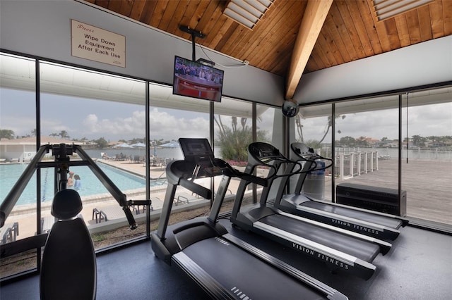 9525 Blind Pass Rd Unit 505, St Pete Beach, FL 33706 - exercise room featuring wooden ceiling