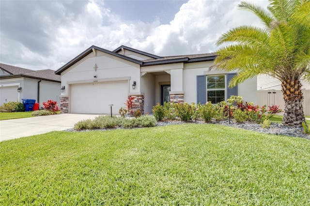30762 Parrot Reef Ct, Wesley Chapel, FL 33545 - view of front facade with stucco siding, an attached garage, concrete driveway, a front yard, and stone siding
