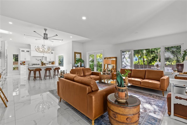 208 Live Oak Ln, Largo, FL 33770 - living area featuring recessed lighting, light marble finish flooring, and ceiling fan