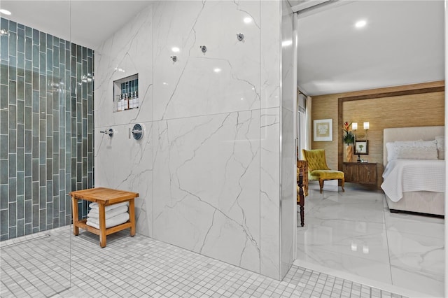 208 Live Oak Ln, Largo, FL 33770 - full bathroom featuring tile walls, a marble finish shower, ensuite bathroom, and recessed lighting