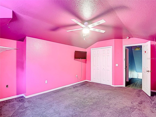 1332 Osceola Hollow Rd, Odessa, FL 33556 - unfurnished bedroom with vaulted ceiling, carpet, a textured ceiling, baseboards, and a closet