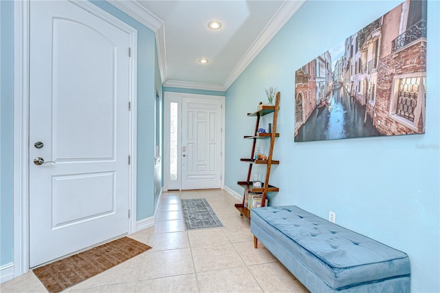 1411 Tessano Pl, Palm Harbor, FL 34683 - foyer with tile patterned flooring, crown molding, baseboards, and recessed lighting