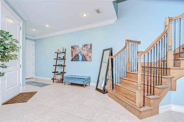 1411 Tessano Pl, Palm Harbor, FL 34683 - foyer entrance with crown molding, tile patterned flooring, stairs, baseboards, and recessed lighting