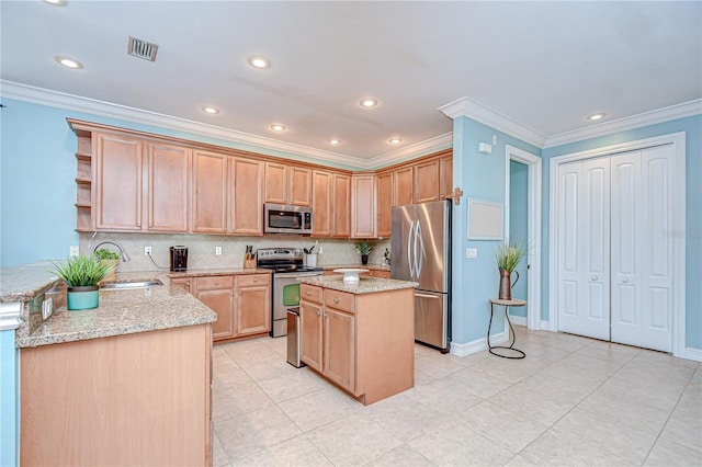 1411 Tessano Pl, Palm Harbor, FL 34683 - kitchen with stainless steel appliances, a sink, ornamental molding, open shelves, and light stone counters