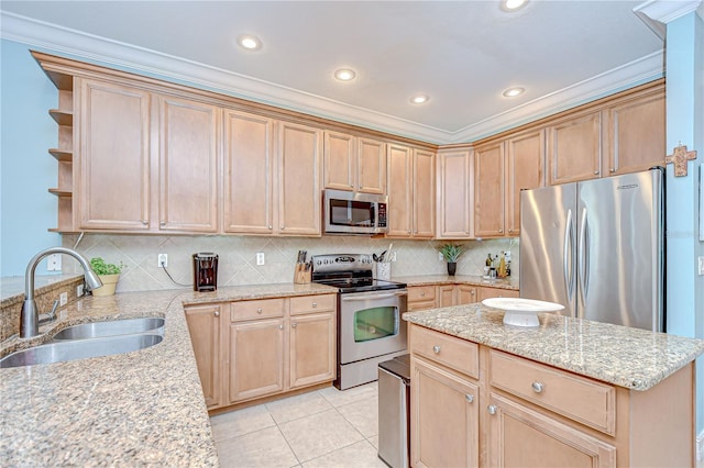 1411 Tessano Pl, Palm Harbor, FL 34683 - kitchen featuring a sink, appliances with stainless steel finishes, open shelves, light stone counters, and ornamental molding