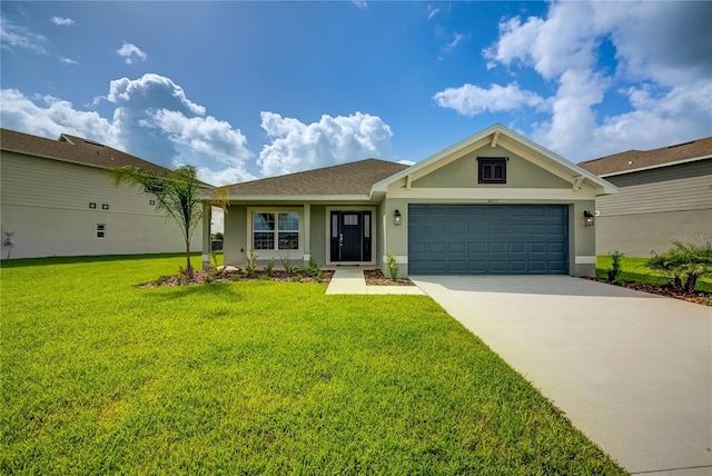 16433 66th Ln E, Parrish, FL 34219 - single story home with stucco siding, a front yard, driveway, and an attached garage