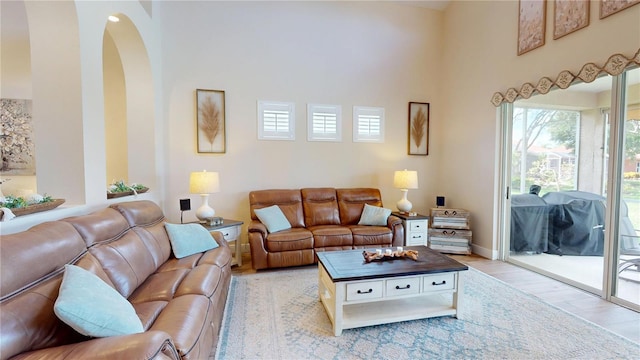 9800 Sago Point Dr, Seminole, FL 33777 - living area with light wood-type flooring, a towering ceiling, and baseboards