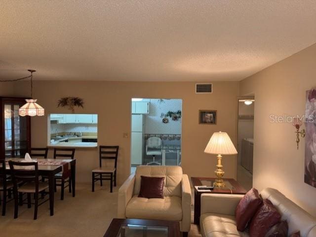 1258 Pine Ridge Cir W Unit F1, Tarpon Springs, FL 34688 - carpeted living area featuring a textured ceiling