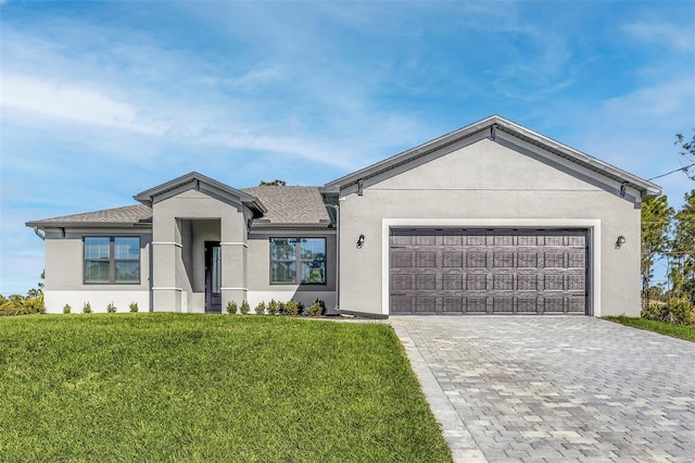 5104 Munhal St, Port Charlotte, FL 33981 - ranch-style house with stucco siding, an attached garage, decorative driveway, and a front lawn
