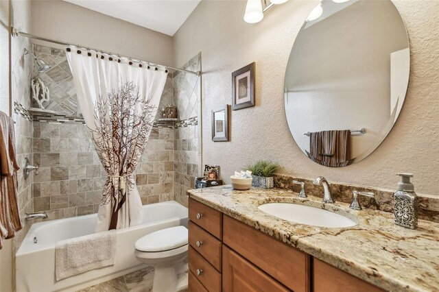 3484 Primrose Way, Palm Harbor, FL 34683 - full bathroom with shower / bathtub combination with curtain, vanity, and a textured wall