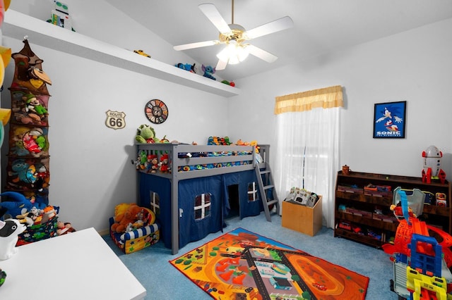 10228 Yellow Pine Way, Hudson, FL 34667 - carpeted bedroom with vaulted ceiling and a ceiling fan
