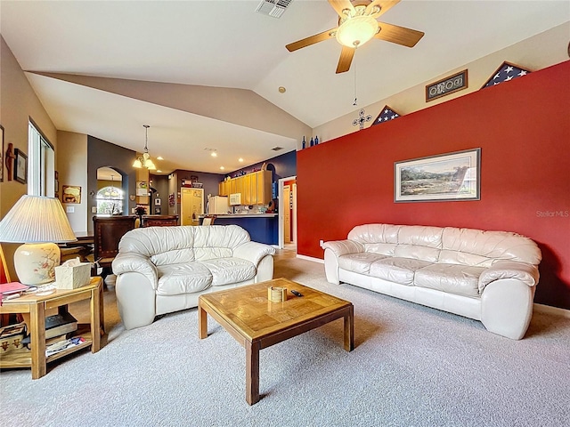 4315 Whittner Dr, Land O Lakes, FL 34639 - carpeted living room with vaulted ceiling, a ceiling fan, and recessed lighting
