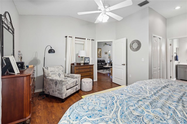 5143 Lochmead Ter, Zephyrhills, FL 33541 - bedroom featuring wood finished floors, vaulted ceiling, and a ceiling fan