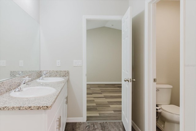 13016 Boggy Creek Dr, Riverview, FL 33579 - bathroom with double vanity, wood finished floors, toilet, and baseboards