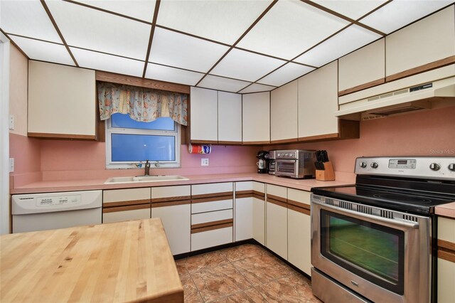 11000 Gulf Blvd Unit 703, Treasure Island, FL 33706 - kitchen featuring stainless steel electric stove, dishwasher, a sink, under cabinet range hood, and white cabinets