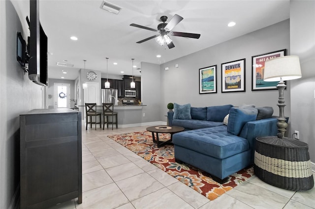 12729 Flatwood Creek Dr, Gibsonton, FL 33534 - living area with ceiling fan, light tile patterned flooring, and recessed lighting
