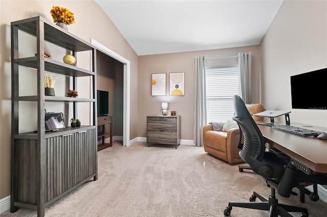 12729 Flatwood Creek Dr, Gibsonton, FL 33534 - home office featuring baseboards, light colored carpet, and vaulted ceiling
