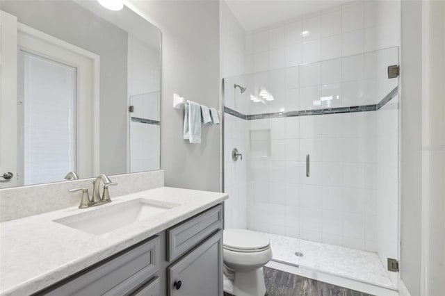 808 Vittorio Pl, Brandon, FL 33511 - bathroom with toilet, a stall shower, vanity, and wood finished floors