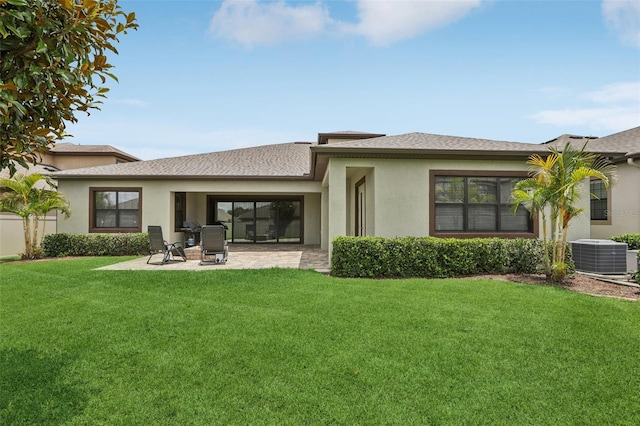 808 Vittorio Pl, Brandon, FL 33511 - rear view of property with central AC, a patio, stucco siding, a lawn, and a shingled roof
