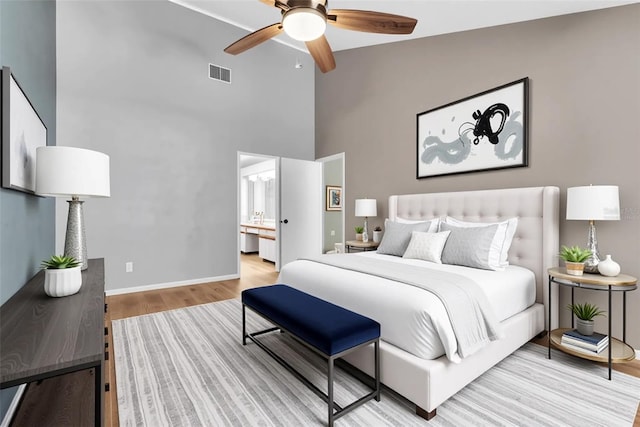 2640 Enterprise Rd E Unit B25, Clearwater, FL 33759 - bedroom with wood finished floors, high vaulted ceiling, ensuite bath, ceiling fan, and baseboards