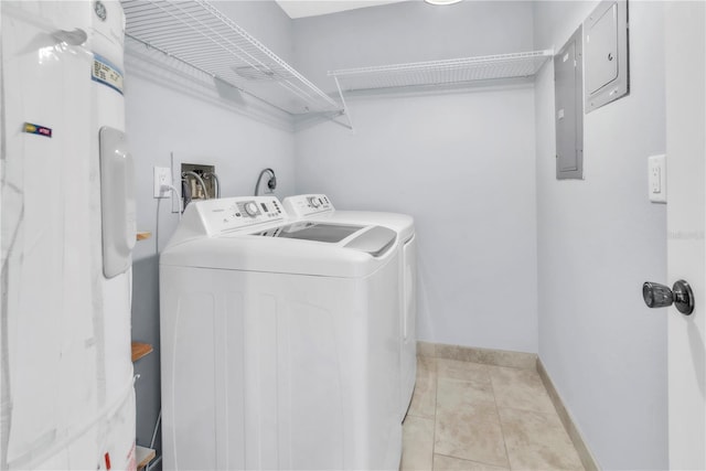 2640 Enterprise Rd E Unit B25, Clearwater, FL 33759 - laundry room with washing machine and clothes dryer, baseboards, water heater, electric panel, and light tile patterned flooring