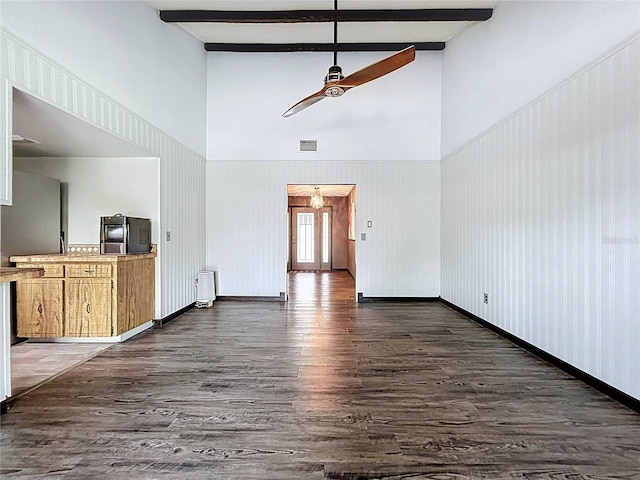 11525 Country Oaks Dr, Tampa, FL 33618 - unfurnished living room with high vaulted ceiling, ceiling fan, dark wood-style floors, beamed ceiling, and baseboards