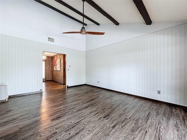 11525 Country Oaks Dr, Tampa, FL 33618 - spare room featuring ceiling fan, wood finished floors, beam ceiling, and high vaulted ceiling