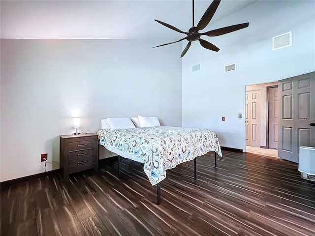11525 Country Oaks Dr, Tampa, FL 33618 - bedroom with baseboards, wood finished floors, high vaulted ceiling, and a ceiling fan