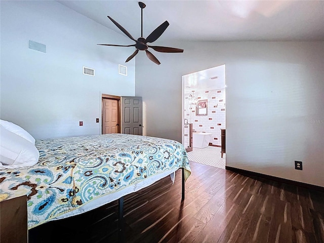 11525 Country Oaks Dr, Tampa, FL 33618 - bedroom featuring dark wood-style flooring, high vaulted ceiling, baseboards, and a ceiling fan