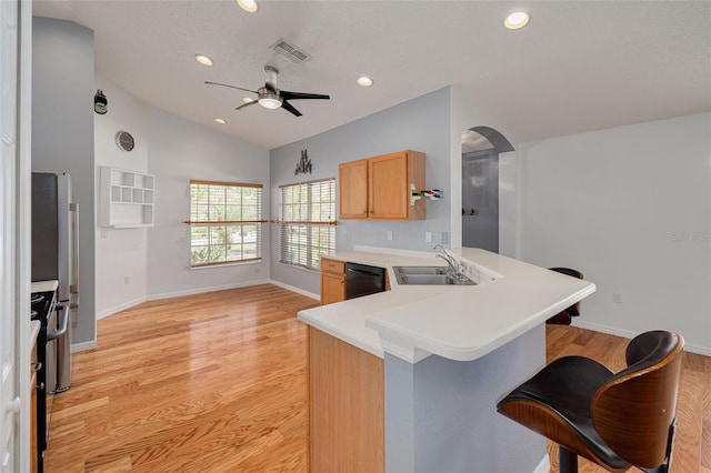 11078 Heathrow Ave, Spring Hill, FL 34609 - kitchen with a sink, dishwasher, arched walkways, lofted ceiling, and ceiling fan