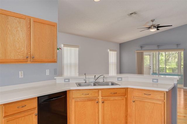 11078 Heathrow Ave, Spring Hill, FL 34609 - kitchen featuring black dishwasher, a sink, a peninsula, lofted ceiling, and ceiling fan