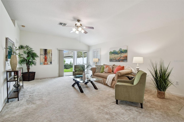 19409 Weymouth Dr, Land O Lakes, FL 34638 - living area featuring carpet flooring, ceiling fan, baseboards, and lofted ceiling
