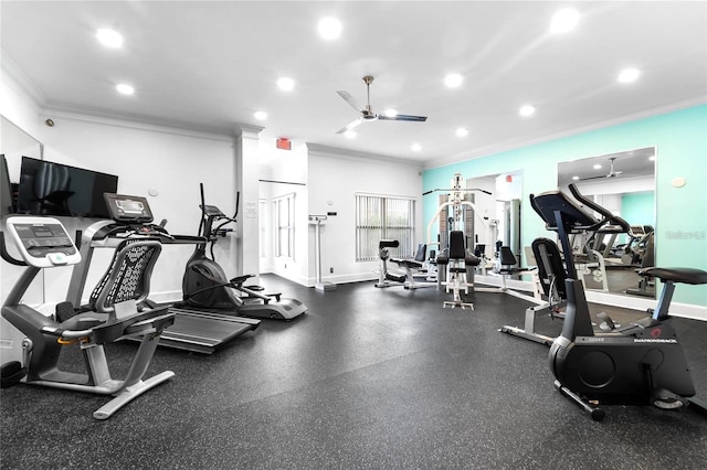 4950 Gulf Blvd Unit 404, St Pete Beach, FL 33706 - gym featuring crown molding, ceiling fan, and recessed lighting