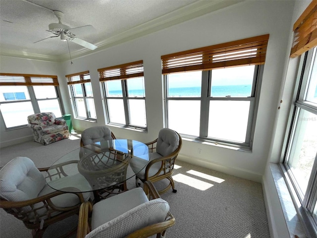4950 Gulf Blvd Unit 404, St Pete Beach, FL 33706 - sunroom with carpet floors, a textured ceiling, a water view, and crown molding