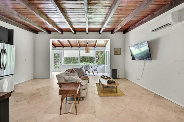 8944 W White Dogwood Dr, Homosassa, FL 34448 - living area with a wall unit AC, wood ceiling with exposed beams, light tile patterned floors, and baseboards