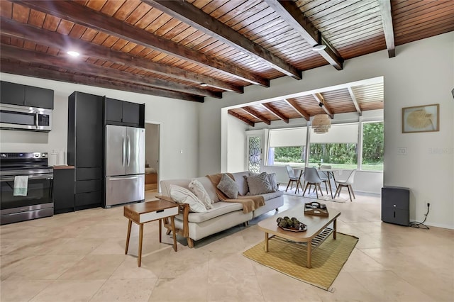 8944 W White Dogwood Dr, Homosassa, FL 34448 - living room with wood ceiling with exposed beams, baseboards, and light tile patterned floors