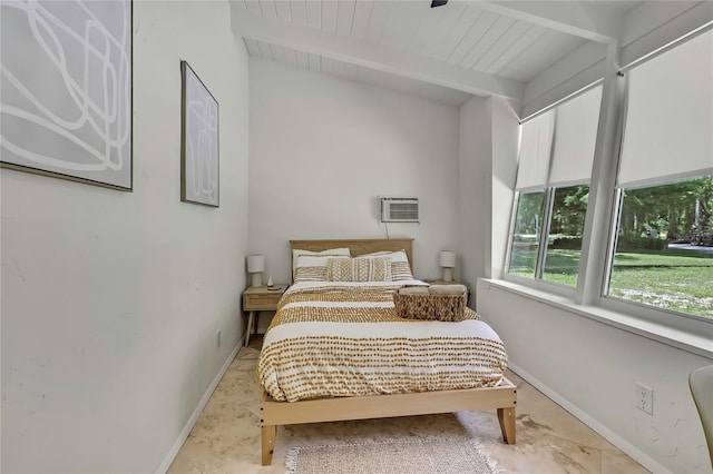 8944 W White Dogwood Dr, Homosassa, FL 34448 - bedroom featuring baseboards, an AC wall unit, and wood ceiling with exposed beams